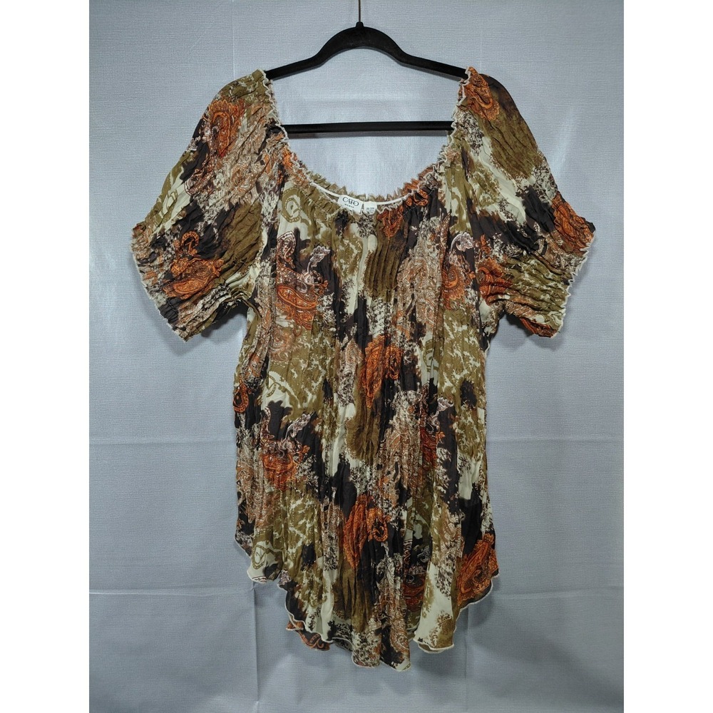 Cato Off Shoulder Peasant Blouse 26/28W Crinkle Top Neutral Tones
